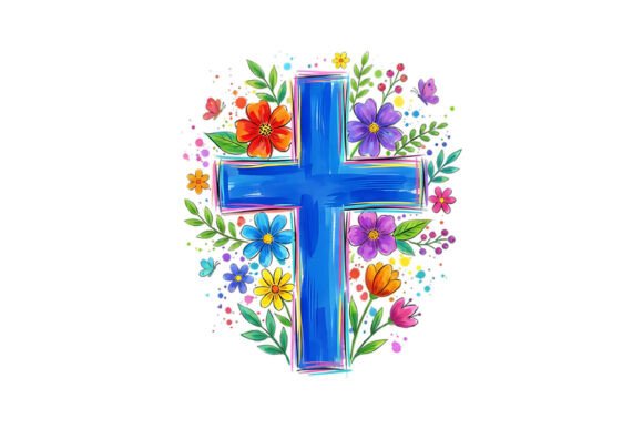 Blue Floral Cross PNG for T-Shirt Designs