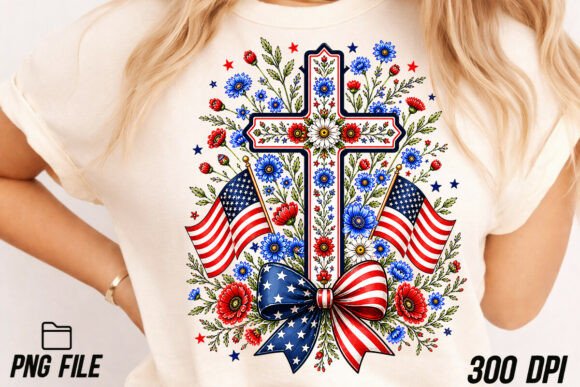 Floral Cross Faith 4th of July Design for T-Shirt Sales